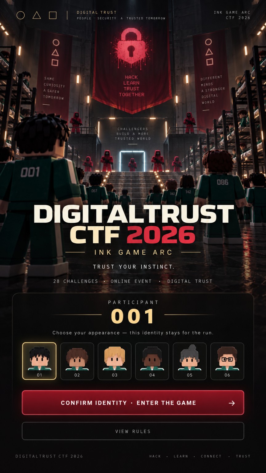 번호가 있는 참가자들, 좌우 침대, 경비와 중앙 게이트가 함께 보이는 DigitalTrust CTF 2026 아레나